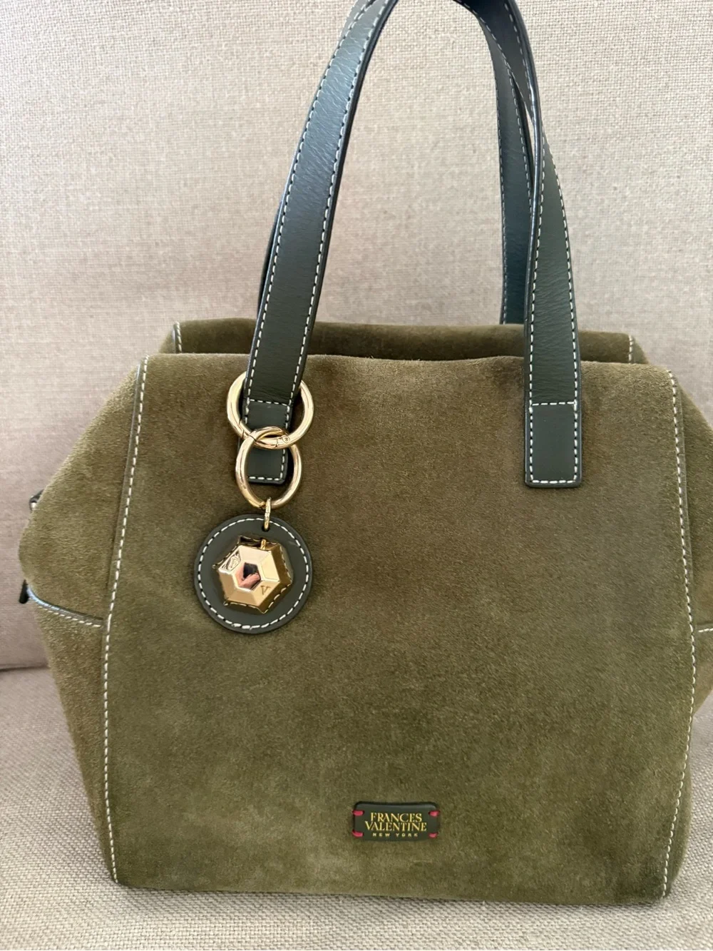 Frances Valentine Olive Suede Satchel with Dark Green Handles